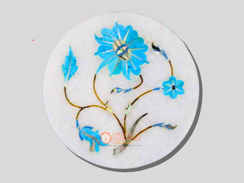 Marble White Turquoise Stone Floral Coaster Set